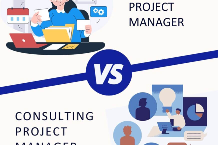 it has 2 images placed diagonally across each other. One represents a consulting project manager and the other, an employee project manager. they are divided by a line that says VS. this image represents the title of the blog post which shows the pros and cons of both.