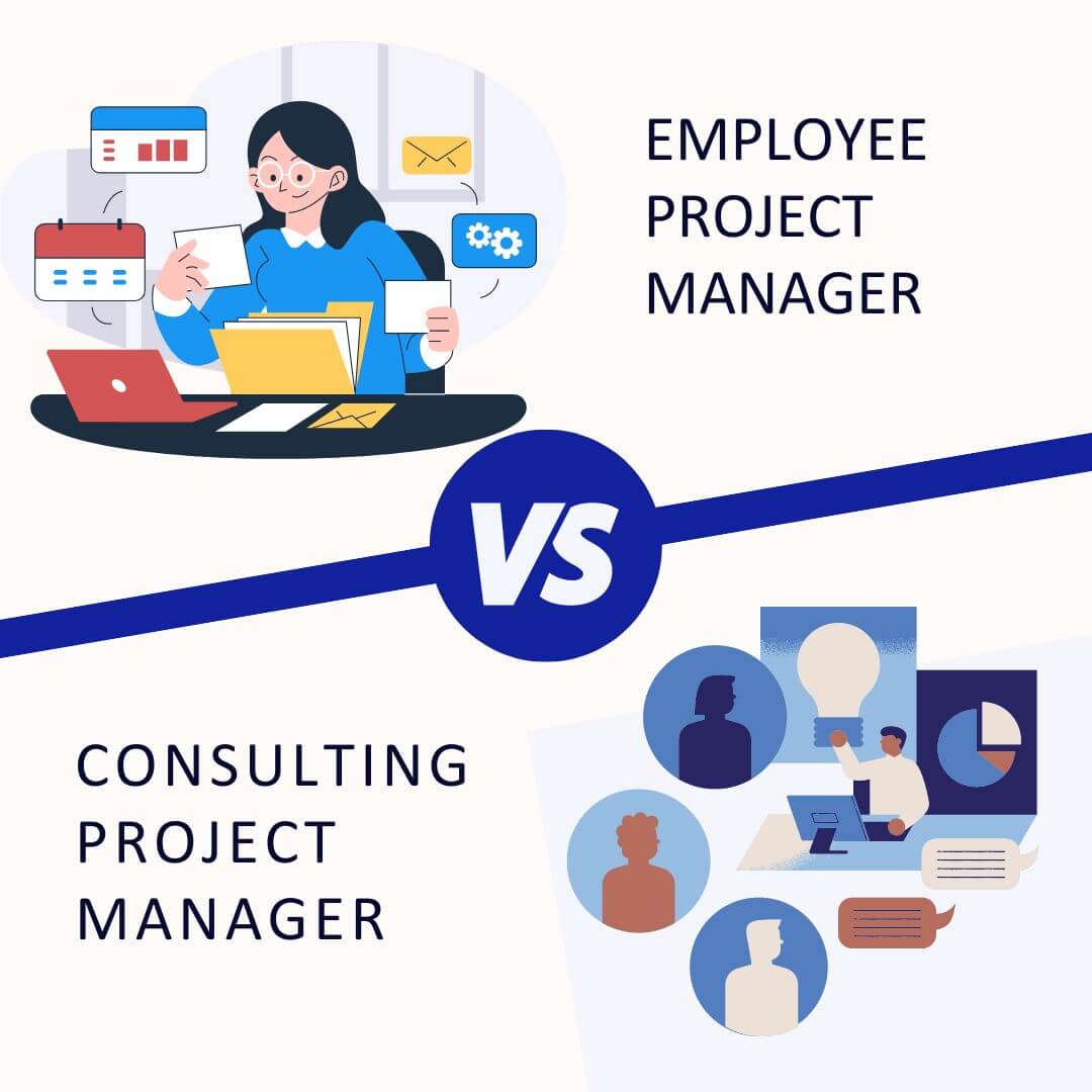 it has 2 images placed diagonally across each other. One represents a consulting project manager and the other, an employee project manager. they are divided by a line that says VS. this image represents the title of the blog post which shows the pros and cons of both.